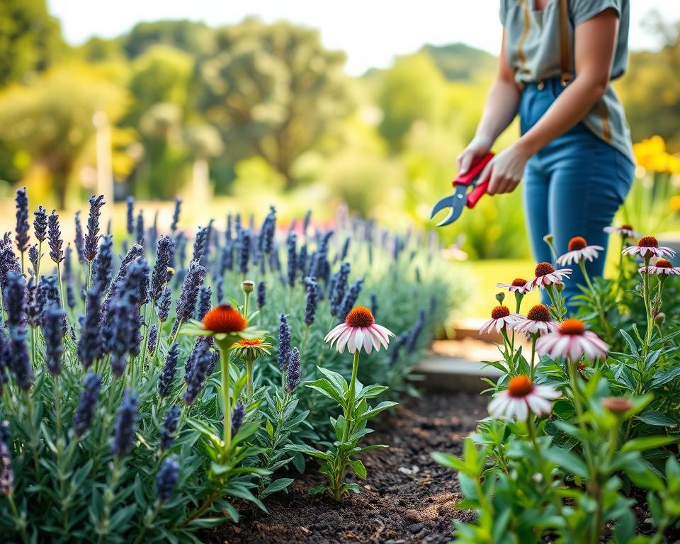 A serene garden scene showcasing low-maintenance perennials ready for pruning, emphasizing efficiency in gardening. In the foreground, neatly arranged garden beds filled with vibrant, lush plants like lavender and coneflowers, showcasing their moderate height. In the middle ground, a gardener in modest casual clothing is gently pruning the plants with hand pruners, exhibiting a thoughtful approach to maintenance. Background elements include a soft-focus horizon of green trees under a bright, sunny sky, creating an inviting atmosphere. The lighting is warm and natural, casting gentle shadows to highlight the textures of the leaves and soil. The overall mood is calm and uplifting, reflecting a sense of ease in gardening routines throughout the seasons.