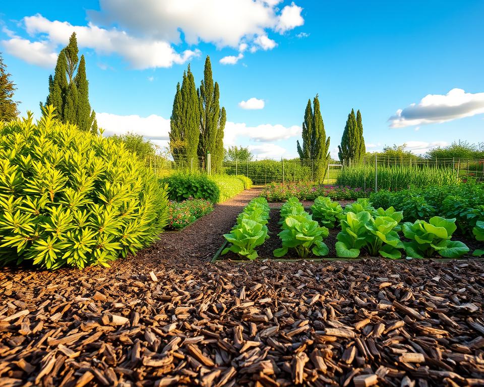 A serene garden scene showcasing mulching techniques. In the foreground, fresh mulch covers the soil around vibrant green shrubs and colorful flower beds, highlighting the rich texture of the wood chips. In the middle ground, a neatly arranged vegetable patch thrives, with leafy greens and herbs growing robustly, demonstrating effective ground cover. The background features a bright blue sky, dotted with soft, fluffy clouds, and a few tall trees casting gentle shadows over the garden. The lighting is warm and inviting, reminiscent of late afternoon sun, creating a peaceful and nurturing atmosphere. The overall mood evokes tranquility and fertility, embodying the essence of a care-free gardening approach.