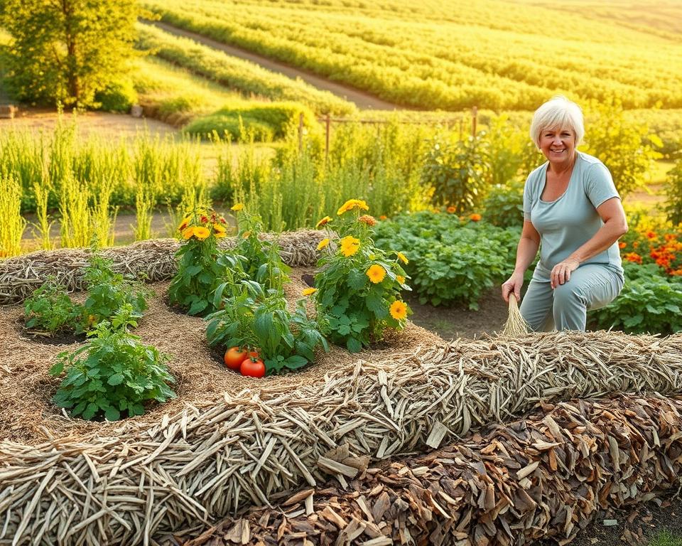 A serene garden scene showcasing the art of mulching, featuring a beautifully arranged vegetable plot in the foreground. Numerous layers of organic mulch, such as straw and wood chips, blanket the soil, adding texture and depth. A gardener in modest casual attire is actively spreading the mulch, demonstrating sustainable gardening practices, with a cheerful expression. In the middle ground, various healthy plants like tomatoes, cucumbers, and herbs thrive, surrounded by vibrant flowers that attract pollinators. In the background, a lush green landscape bathed in soft, warm sunlight enhances the tranquil atmosphere. The scene is captured from a slightly elevated angle, providing a comprehensive view of the sustainable gardening techniques. The mood is peaceful and inviting, reflecting the essence of eco-friendly gardening.