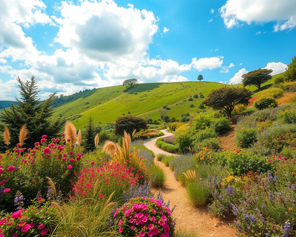 A serene hillside garden with a diverse array of plants and flowers, showcasing different levels of a sloping terrain. In the foreground, vibrant flowering shrubs, a few ornamental grasses, and native wildflowers provide a rich tapestry of colors. The middle ground features a well-defined path winding through the garden, bordered by interspersed trees and larger plants that provide shade. In the background, a lush green hillside under a bright blue sky filled with soft, fluffy clouds captures the essence of an inviting and sunny day. The lighting is warm and golden, suggesting late afternoon. Use a wide-angle lens to encompass the expansive view, creating a sense of depth and tranquility, inviting viewers to explore the natural beauty and peaceful ambiance of the hanging garden.
