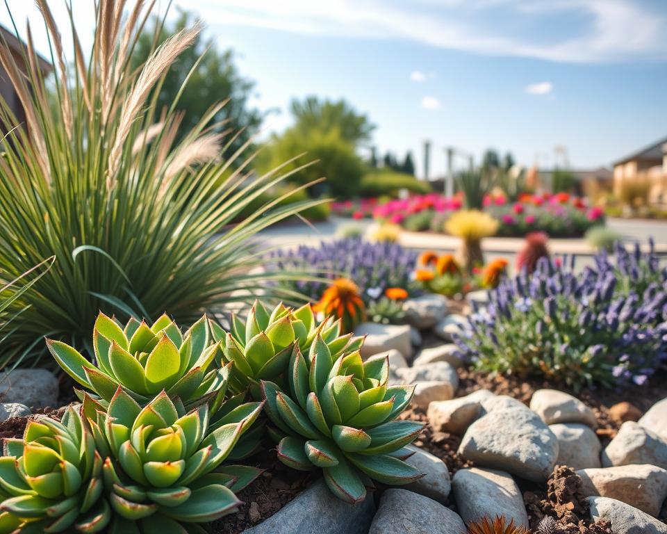 A tranquil garden scene showcasing a variety of low-maintenance plants, including vibrant succulents, hardy ornamental grasses, and resilient perennials. In the foreground, a cluster of lush, green succulents with striking textures contrasts with the smooth stones surrounding them. The middle ground features a well-arranged bed of colorful flowers like lavender and echinacea, complemented by soft, swaying grasses. In the background, a serene garden layout is visible under gentle sunlight, with a clear blue sky and faint clouds, creating an inviting atmosphere. The mood is peaceful and harmonious, emphasizing a sustainable and practical approach to gardening. The composition is captured from a slightly elevated angle, mimicking the perspective of someone strolling through the garden.