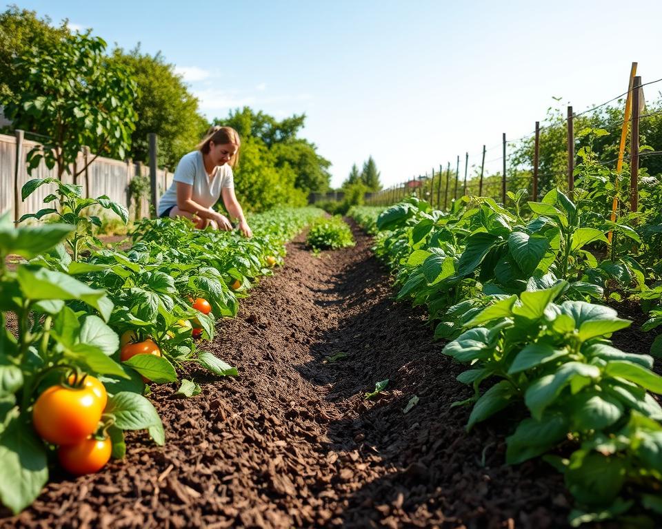 A tranquil, well-maintained vegetable garden showcasing the benefits of mulching as a weed control method. In the foreground, vibrant green rows of various vegetables such as tomatoes, peppers, and leafy greens are framed by a thick layer of organic mulch, which enriches the soil and suppresses weeds. The middle ground features a gardener in practical yet modest clothing, kneeling beside a freshly mulched bed, gently tending to the plants. The background reveals a bright, sunny day with a clear blue sky, complemented by gentle, diffused lighting that casts soft shadows across the scene. This harmonious atmosphere conveys a sense of ease and minimal maintenance, ideal for aspiring gardeners aiming for a low-effort yet productive garden. A tranquil, well-maintained vegetable garden showcasing the benefits of mulching as a weed control method. In the foreground, vibrant green rows of various vegetables such as tomatoes, peppers, and leafy greens are framed by a thick layer of organic mulch, which enriches the soil and suppresses weeds. The middle ground features a gardener in practical yet modest clothing, kneeling beside a freshly mulched bed, gently tending to the plants. The background reveals a bright, sunny day with a clear blue sky, complemented by gentle, diffused lighting that casts soft shadows across the scene. This harmonious atmosphere conveys a sense of ease and minimal maintenance, ideal for aspiring gardeners aiming for a low-effort yet productive garden.