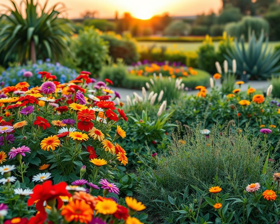 A vibrant and inviting mix garden scene that highlights common mistakes in garden design. In the foreground, an array of clashing flower colors and poorly arranged plant heights, illustrating what not to do. In the middle ground, a section of an overgrown patch with invasive plants choking out intended varieties, showcasing mismanagement. The background features a lush, serene landscape with a well-designed, harmonious garden, creating a stark contrast. Soft, natural lighting enhances the colors and textures, with the sun just above the horizon, casting gentle shadows. The image is framed with a slight tilt, capturing both the chaos of the mix garden and the tranquility of a well-planned space, evoking a mood of both caution and inspiration for aspiring gardeners.