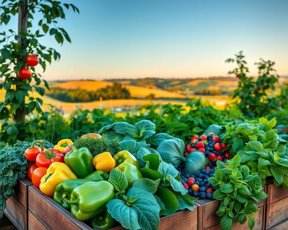 A vibrant and lush vegetable garden in Germany showcasing a variety of seasonal vegetables, herbs, and berries. In the foreground, display fresh green bell peppers, rich red tomatoes, and leafy greens like kale and spinach, neatly arranged in wooden crates. In the middle ground, include flowering herbs like basil and mint, alongside plump strawberries and blueberries nestled among the foliage. In the background, depict a picturesque rural landscape with rolling hills and a clear blue sky, softly lit by the warm glow of golden hour sunlight. The scene should have a serene and inviting atmosphere, capturing the essence of seasonal gardening in Germany, with a focus on natural textures and colors. Use a wide-angle lens for a comprehensive view and gentle bokeh in the background to emphasize the foreground vegetables. A vibrant and lush vegetable garden in Germany showcasing a variety of seasonal vegetables, herbs, and berries. In the foreground, display fresh green bell peppers, rich red tomatoes, and leafy greens like kale and spinach, neatly arranged in wooden crates. In the middle ground, include flowering herbs like basil and mint, alongside plump strawberries and blueberries nestled among the foliage. In the background, depict a picturesque rural landscape with rolling hills and a clear blue sky, softly lit by the warm glow of golden hour sunlight. The scene should have a serene and inviting atmosphere, capturing the essence of seasonal gardening in Germany, with a focus on natural textures and colors. Use a wide-angle lens for a comprehensive view and gentle bokeh in the background to emphasize the foreground vegetables.