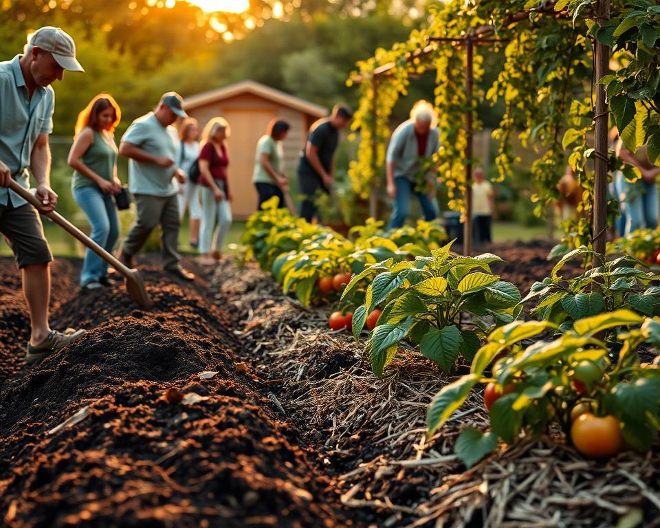 A vibrant community garden scene during the golden hour, showcasing the practice of building humus in fertile soil. In the foreground, a diverse group of gardeners, dressed in modest casual clothing, are energetically working together. One person is turning the soil with a spade, while others are applying rich, dark compost and layering mulch comprised of straw and leaves. In the middle ground, healthy plants, such as tomatoes and cucumbers, thrive, revealing the successful results of their efforts. In the background, a softly blurred garden shed and a trellis support climbing plants, bathed in warm, natural light. The atmosphere is lively, yet serene, highlighting cooperation and sustainability within the nurturing environment of the garden. A vibrant community garden scene during the golden hour, showcasing the practice of building humus in fertile soil. In the foreground, a diverse group of gardeners, dressed in modest casual clothing, are energetically working together. One person is turning the soil with a spade, while others are applying rich, dark compost and layering mulch comprised of straw and leaves. In the middle ground, healthy plants, such as tomatoes and cucumbers, thrive, revealing the successful results of their efforts. In the background, a softly blurred garden shed and a trellis support climbing plants, bathed in warm, natural light. The atmosphere is lively, yet serene, highlighting cooperation and sustainability within the nurturing environment of the garden.