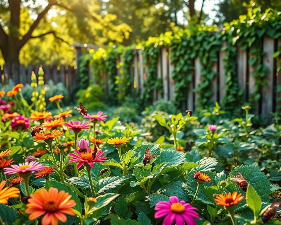 A vibrant garden scene showcasing beneficial insects fostering a healthy ecosystem. In the foreground, a variety of colorful flowering plants attract bees and butterflies, with ladybugs crawling on the leaves. In the middle ground, a vegetable patch thrives under a soft, dappled sunlight filtering through overhead trees, enhancing the lush greens of the foliage. In the background, a rustic wooden fence covered in climbing vines adds a country charm. The mood is serene and harmonious, evoking a sense of tranquility and productivity in nature. The image should use warm, natural lighting with a shallow depth of field to focus on the vibrant flora and fauna, creating a rich and inviting atmosphere without any text or watermarks.