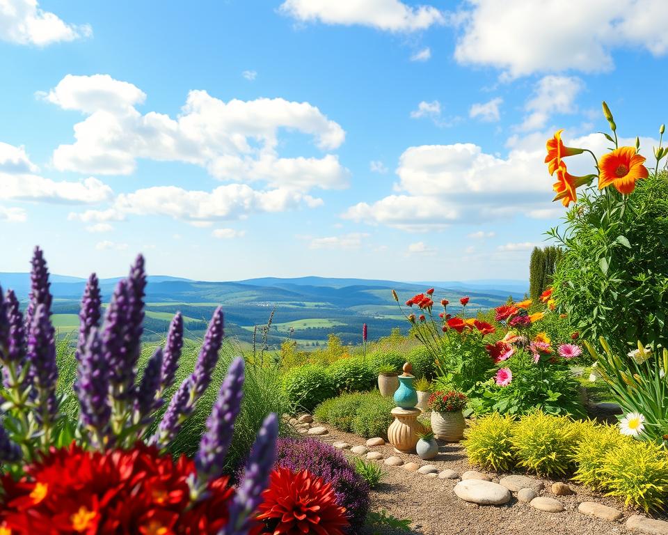 A vibrant garden scene showcasing easy-care plants native to Germany. In the foreground, a variety of robust, colorful perennials and shrubs such as lavender, sedum, and daylilies in full bloom, their foliage lush and healthy. The middle ground features a neatly arranged flower bed with a mix of these plants, surrounded by decorative stones and small, cheerful garden ornaments. In the background, a serene landscape with soft rolling hills and a clear blue sky, allowing sunlight to filter gently through scattered clouds, creating a warm and inviting atmosphere. Capture this scene with a shallow depth of field using a wide-angle lens, emphasizing the lush details of the plants while softly blurring the background to create a serene, picturesque garden setting.