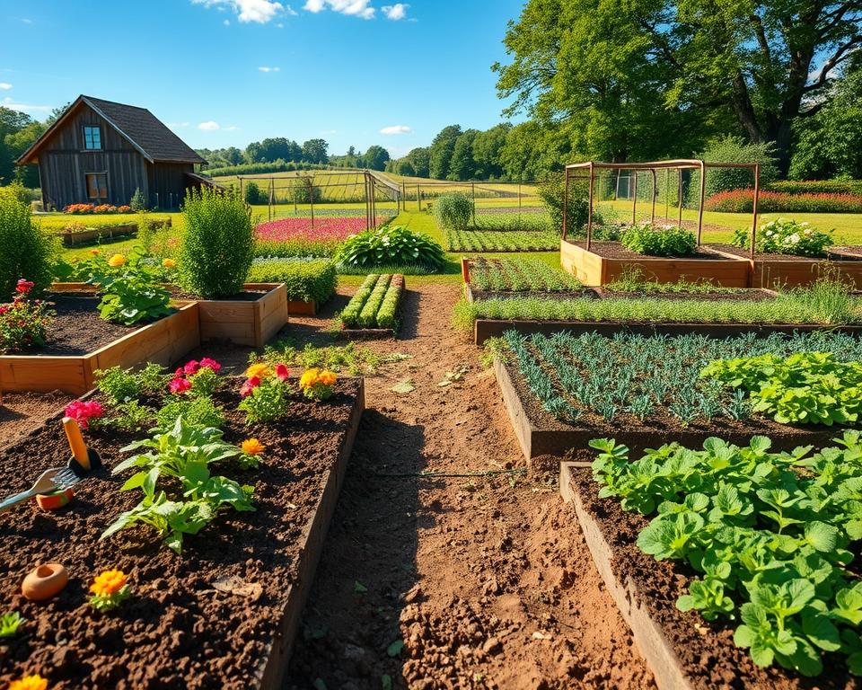 A vibrant garden scene showcasing four distinct types of planting beds: a raised bed (Hochbeet) filled with colorful vegetables and herbs, a lush hillside bed (Hügelbeet) with layers of organic material and flowers, a neatly arranged row bed (Reihenbeet) with a variety of crops in straight lines, and a mixed-culture bed (Mischkulturbeet) displaying companion plants thriving together. The foreground features rich soil, healthy plants, and small garden tools. In the middle ground, garden pathways are visible, leading to each bed, bathed in warm morning light. In the background, a picturesque garden landscape with trees and a blue sky. The mood is tranquil and productive, evoking a sense of harmony with nature. A vibrant garden scene showcasing four distinct types of planting beds: a raised bed (Hochbeet) filled with colorful vegetables and herbs, a lush hillside bed (Hügelbeet) with layers of organic material and flowers, a neatly arranged row bed (Reihenbeet) with a variety of crops in straight lines, and a mixed-culture bed (Mischkulturbeet) displaying companion plants thriving together. The foreground features rich soil, healthy plants, and small garden tools. In the middle ground, garden pathways are visible, leading to each bed, bathed in warm morning light. In the background, a picturesque garden landscape with trees and a blue sky. The mood is tranquil and productive, evoking a sense of harmony with nature.