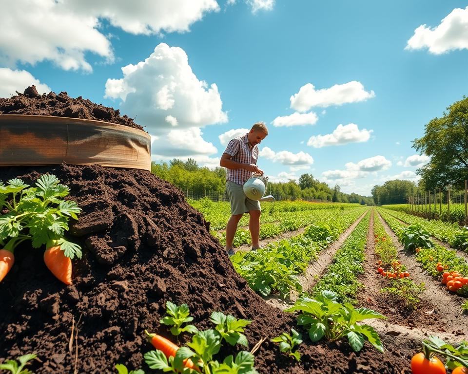 A vibrant garden scene showcasing the nutrient cycle, focusing on composting and nutrient management. In the foreground, a compost bin overflowing with rich, dark compost, surrounded by healthy vegetables like carrots and tomatoes. In the middle ground, a lush garden with rows of various plants, with a gardener in modest casual clothing planting seeds and watering the vegetables. The background features a bright blue sky with fluffy white clouds, and distant trees providing shade. The lighting is warm and inviting, with the sun casting soft shadows, creating a serene and productive atmosphere. The composition should evoke a sense of harmony, sustainability, and the beauty of nature's closed-loop systems. A vibrant garden scene showcasing the nutrient cycle, focusing on composting and nutrient management. In the foreground, a compost bin overflowing with rich, dark compost, surrounded by healthy vegetables like carrots and tomatoes. In the middle ground, a lush garden with rows of various plants, with a gardener in modest casual clothing planting seeds and watering the vegetables. The background features a bright blue sky with fluffy white clouds, and distant trees providing shade. The lighting is warm and inviting, with the sun casting soft shadows, creating a serene and productive atmosphere. The composition should evoke a sense of harmony, sustainability, and the beauty of nature's closed-loop systems.
