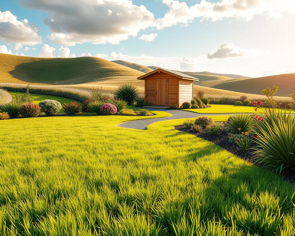 A vibrant, lush lawn captures attention in the foreground, showcasing various shades of green grass that appears thick and healthy, hinting at low maintenance. Surrounding the lawn, neatly arranged borders of colorful, drought-resistant plants add depth, highlighting the theme of easy-care landscaping. In the middle ground, a well-maintained gravel path winds through, guiding the eye toward a minimalist garden shed crafted from natural wood, blending harmoniously with the surroundings. The background features soft, rolling hills bathed in golden sunlight, enhancing the serene atmosphere. A clear blue sky with fluffy white clouds completes the scene, creating a tranquil, inviting mood. Use a warm, natural lighting effect to evoke a sense of peacefulness and simplicity, emphasizing the beauty of an easy-care garden.