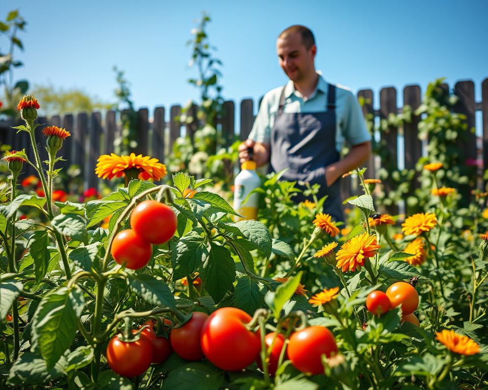 A vibrant organic garden scene showcasing natural pest control techniques. In the foreground, healthy plants, such as tomatoes and peppers, flourish alongside a variety of flowering plants that attract beneficial insects like ladybugs and bees. In the middle ground, a gardener, dressed in smart casual attire, gently tends to the plants, applying a natural pest deterrent. The background features a sunny blue sky peeking through a wooden fence adorned with climbing vines. Bright, warm lighting enhances the vivid colors of the plants, creating a cheerful and inviting atmosphere. Capture the intricate details of the leaves and blooms, while maintaining a shallow focus on the gardener to emphasize their role in nurturing an eco-friendly garden. A vibrant organic garden scene showcasing natural pest control techniques. In the foreground, healthy plants, such as tomatoes and peppers, flourish alongside a variety of flowering plants that attract beneficial insects like ladybugs and bees. In the middle ground, a gardener, dressed in smart casual attire, gently tends to the plants, applying a natural pest deterrent. The background features a sunny blue sky peeking through a wooden fence adorned with climbing vines. Bright, warm lighting enhances the vivid colors of the plants, creating a cheerful and inviting atmosphere. Capture the intricate details of the leaves and blooms, while maintaining a shallow focus on the gardener to emphasize their role in nurturing an eco-friendly garden.