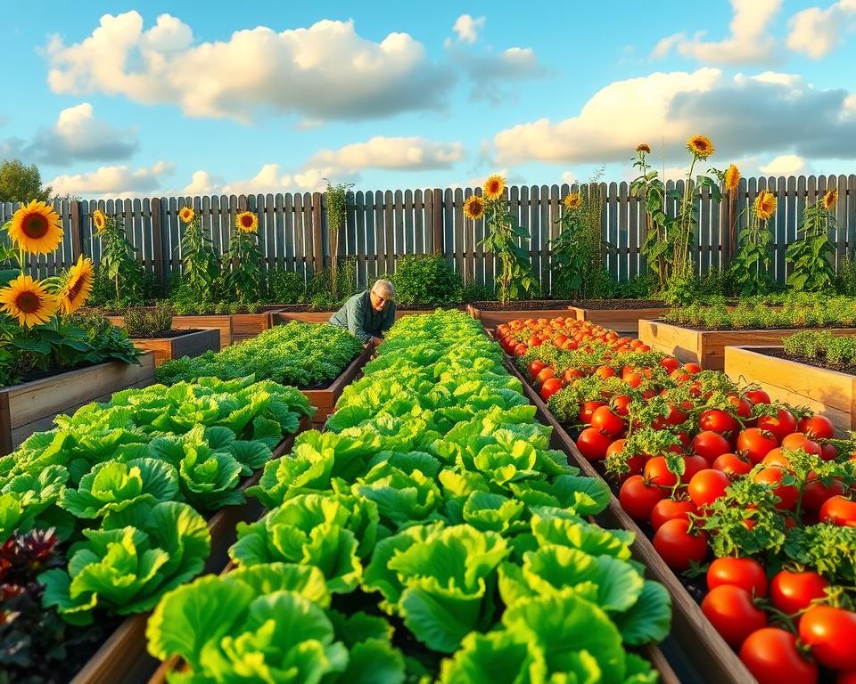 A vibrant vegetable garden design featuring a variety of fresh produce. In the foreground, lush rows of vibrant green lettuce and colorful tomatoes are neatly arranged, with wooden raised beds framing the sections. In the middle ground, a small gardener in modest casual attire is kneeling and tending to the plants, surrounded by sunflowers and herbs that add a burst of color and aroma. The background showcases a rustic wooden fence and a sunny blue sky with soft, fluffy clouds, creating a serene atmosphere. The lighting is warm and inviting, capturing the golden hour glow, and the angle is slightly elevated, providing a comprehensive view of the entire garden layout. The overall mood evokes a sense of tranquility, productivity, and connection to nature. A vibrant vegetable garden design featuring a variety of fresh produce. In the foreground, lush rows of vibrant green lettuce and colorful tomatoes are neatly arranged, with wooden raised beds framing the sections. In the middle ground, a small gardener in modest casual attire is kneeling and tending to the plants, surrounded by sunflowers and herbs that add a burst of color and aroma. The background showcases a rustic wooden fence and a sunny blue sky with soft, fluffy clouds, creating a serene atmosphere. The lighting is warm and inviting, capturing the golden hour glow, and the angle is slightly elevated, providing a comprehensive view of the entire garden layout. The overall mood evokes a sense of tranquility, productivity, and connection to nature.