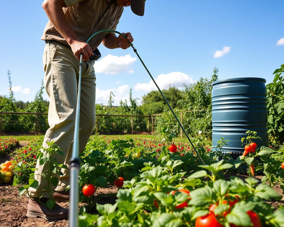 A vibrant, well-maintained vegetable garden showcasing an efficient irrigation system. In the foreground, a skilled gardener in modest casual clothing adjusts a drip irrigation hose, gently coiling it around thriving plants. In the middle ground, lush rows of vegetables like tomatoes, carrots, and leafy greens bask in dappled sunlight, while a rainwater collection barrel stands proudly nearby, showcasing a sustainable approach to watering. The background features a clear blue sky with a few fluffy clouds, enhancing the serene atmosphere. Soft, natural lighting casts gentle shadows, emphasizing the garden's texture and color. The overall mood is one of productivity and harmony with nature, inviting viewers to explore efficient gardening practices. A vibrant, well-maintained vegetable garden showcasing an efficient irrigation system. In the foreground, a skilled gardener in modest casual clothing adjusts a drip irrigation hose, gently coiling it around thriving plants. In the middle ground, lush rows of vegetables like tomatoes, carrots, and leafy greens bask in dappled sunlight, while a rainwater collection barrel stands proudly nearby, showcasing a sustainable approach to watering. The background features a clear blue sky with a few fluffy clouds, enhancing the serene atmosphere. Soft, natural lighting casts gentle shadows, emphasizing the garden's texture and color. The overall mood is one of productivity and harmony with nature, inviting viewers to explore efficient gardening practices.