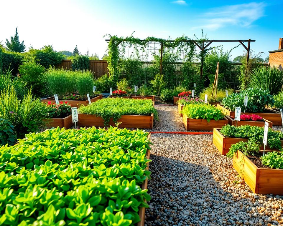 A vibrant, well-organized vegetable garden layout that showcases a variety of raised beds meticulously planted with an array of colorful vegetables and herbs. In the foreground, include neatly defined pathways made of gravel and wood mulch, leading through lush greenery. The middle section features raised garden beds in different sizes and shapes, with labels for each type of plant. The background includes a trellis with climbing plants, under a clear blue sky with soft, natural lighting. The atmosphere is peaceful and inviting, embodying the joy of gardening and sustainable living. The perspective is slightly elevated, providing a comprehensive view of the layout and design elements that optimize the gardening space. A vibrant, well-organized vegetable garden layout that showcases a variety of raised beds meticulously planted with an array of colorful vegetables and herbs. In the foreground, include neatly defined pathways made of gravel and wood mulch, leading through lush greenery. The middle section features raised garden beds in different sizes and shapes, with labels for each type of plant. The background includes a trellis with climbing plants, under a clear blue sky with soft, natural lighting. The atmosphere is peaceful and inviting, embodying the joy of gardening and sustainable living. The perspective is slightly elevated, providing a comprehensive view of the layout and design elements that optimize the gardening space.