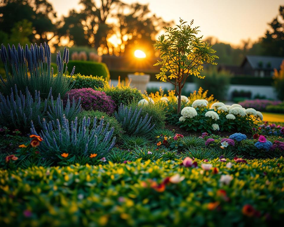 An intricately designed mixed garden showcasing the concept of "Schichtpflanzung," with various layers of plants. In the foreground, lush ground cover plants like creeping thyme and colorful flowers like pansies create a vibrant carpet. The middle layer features medium-sized shrubs, such as lavender and hydrangeas, adding texture and color diversity. In the background, a small ornamental tree like a Japanese maple stands proudly, its delicate leaves creating a stunning silhouette against a soft, warm sunset sky. The lighting is golden and soft, enhancing the serene atmosphere of the garden. A shallow depth of field focuses on the layered plant life while gently blurring the surroundings, creating a tranquil and inviting feel.