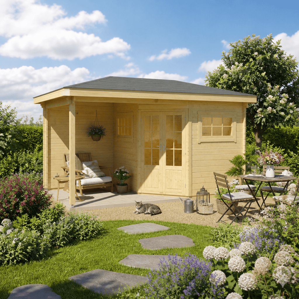 26% Rabatt ✓ 4 × 3 m | 5-Eck Gartenhütte Evelyn 2B | Anbau | Massivholz