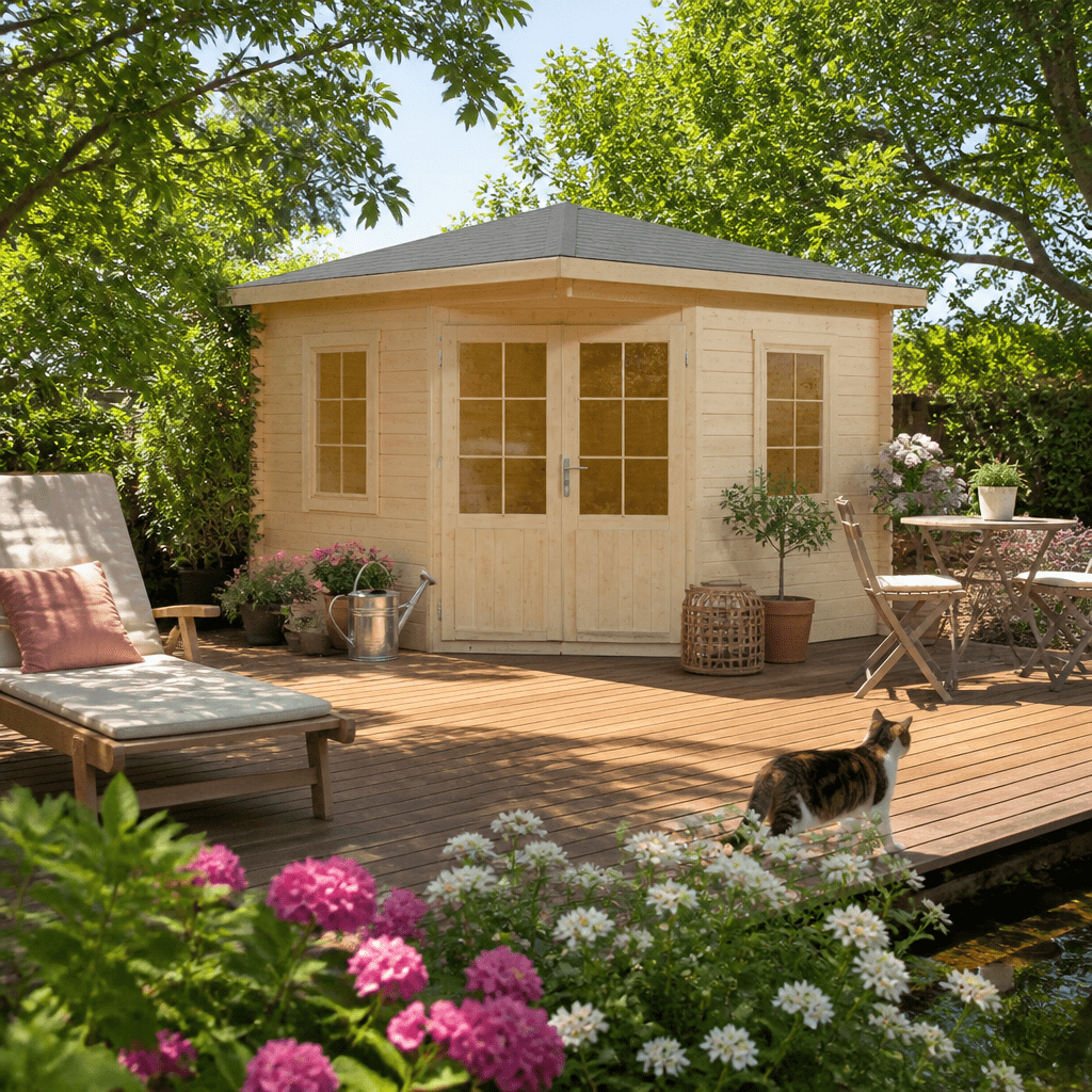 26% Rabatt ✓ 3 × 3 m | 5-Eck Gartenhütte Evelyn 3A / natu | Massivholz