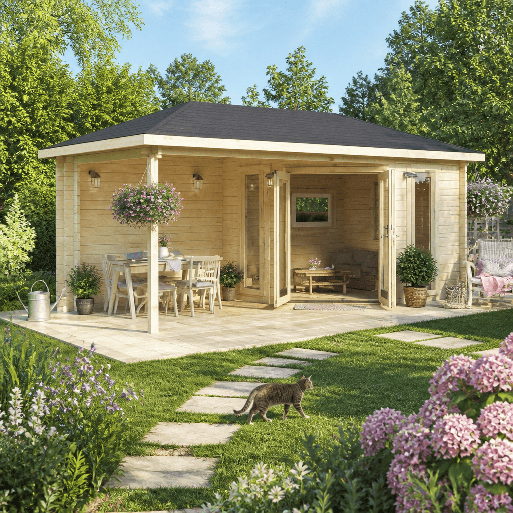 26% Rabatt ✓ 5 × 3 m | 5-Eck Gartenhütte Jokkmokk 40 | Terrasse | Anbau | Massivholz