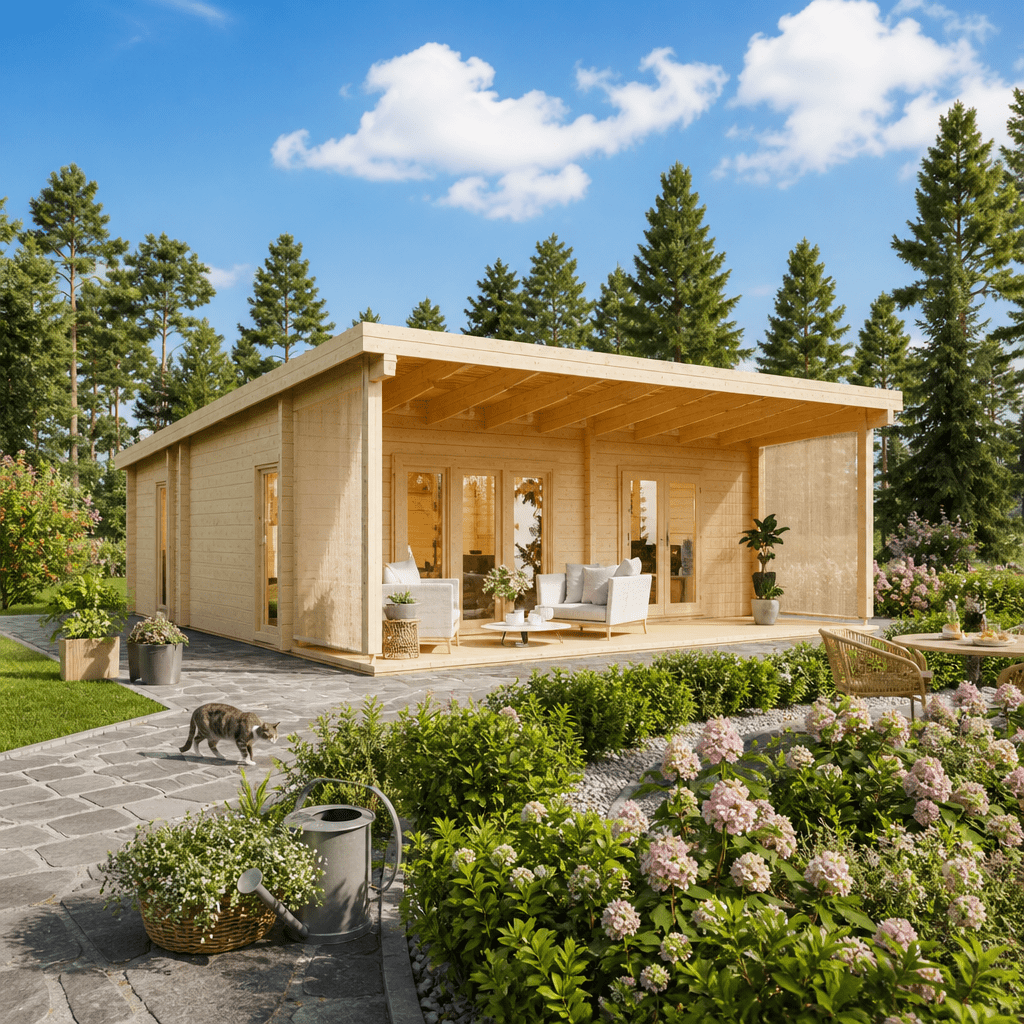 26% Rabatt ✓ 10 × 6 m | Gartenhütte Ferien- und Freizeithaus Arhus | Terrasse | Massivholz