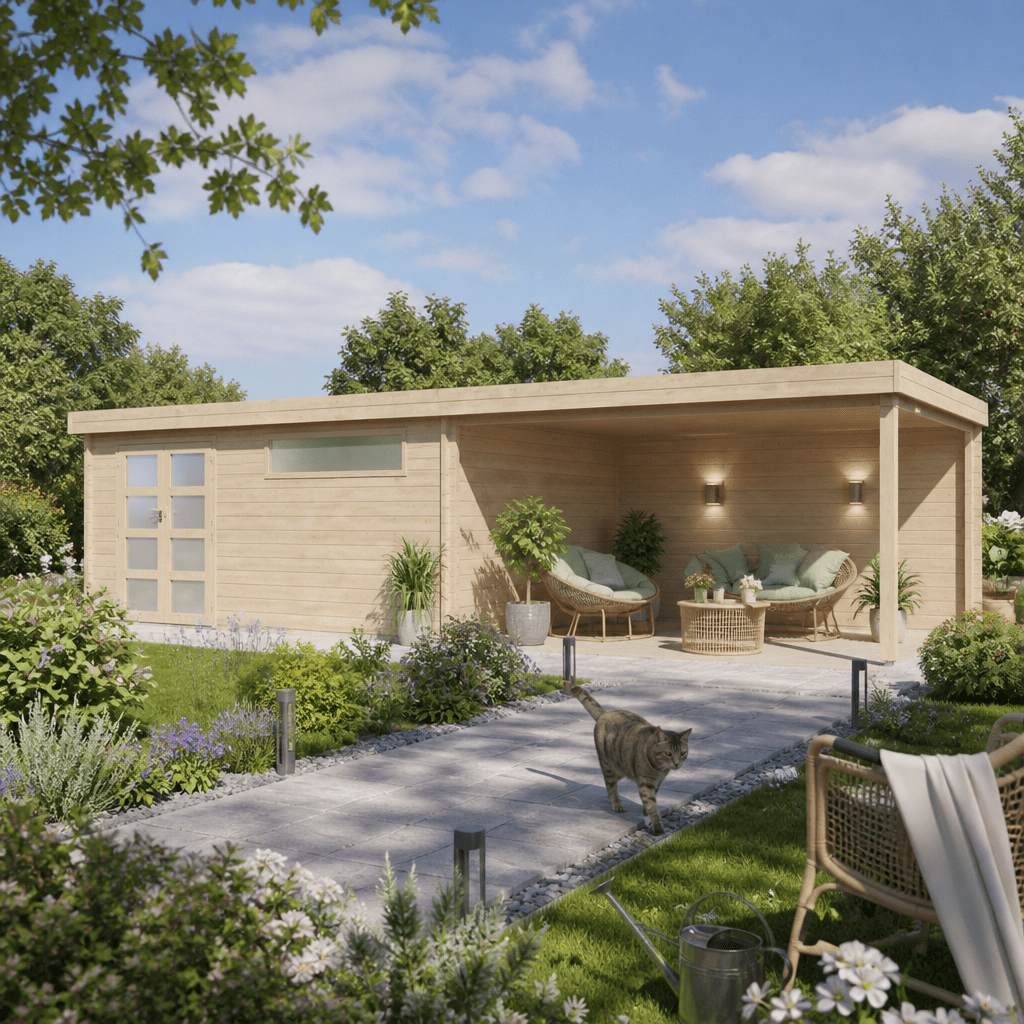 26% Rabatt ✓ 8 × 4 m | Flachdach Gartenhütte Nelo 44 E mit 400 cm A | Pultdach | Anbau | modern