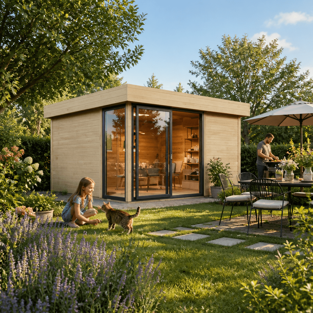 26% Rabatt ✓ 4 × 4 m | Gartenhütte Alu Concept 44 P | Schiebetür | Flachdach | Massivholz