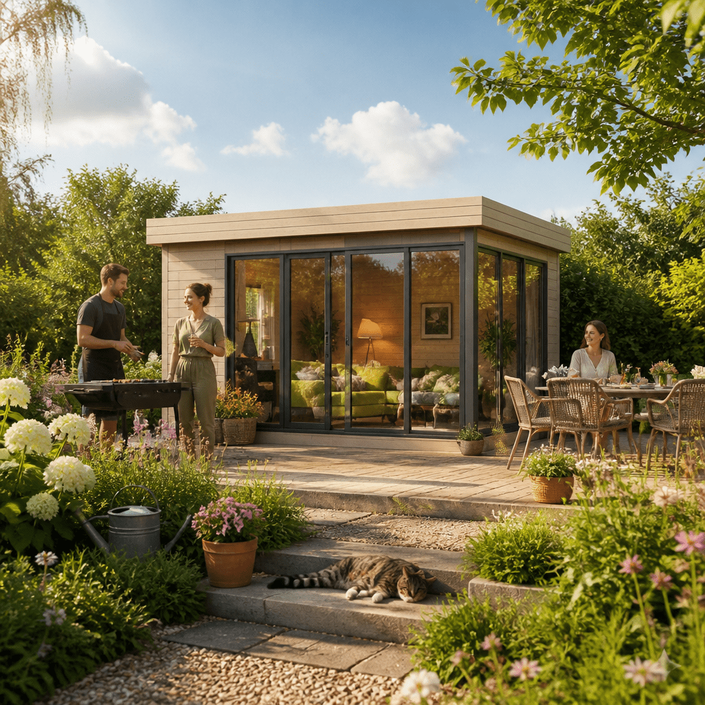 26% Rabatt ✓ 4 × 4 m | Gartenhütte Alu Concept 70 A | Schiebetür | Flachdach | Massivholz
