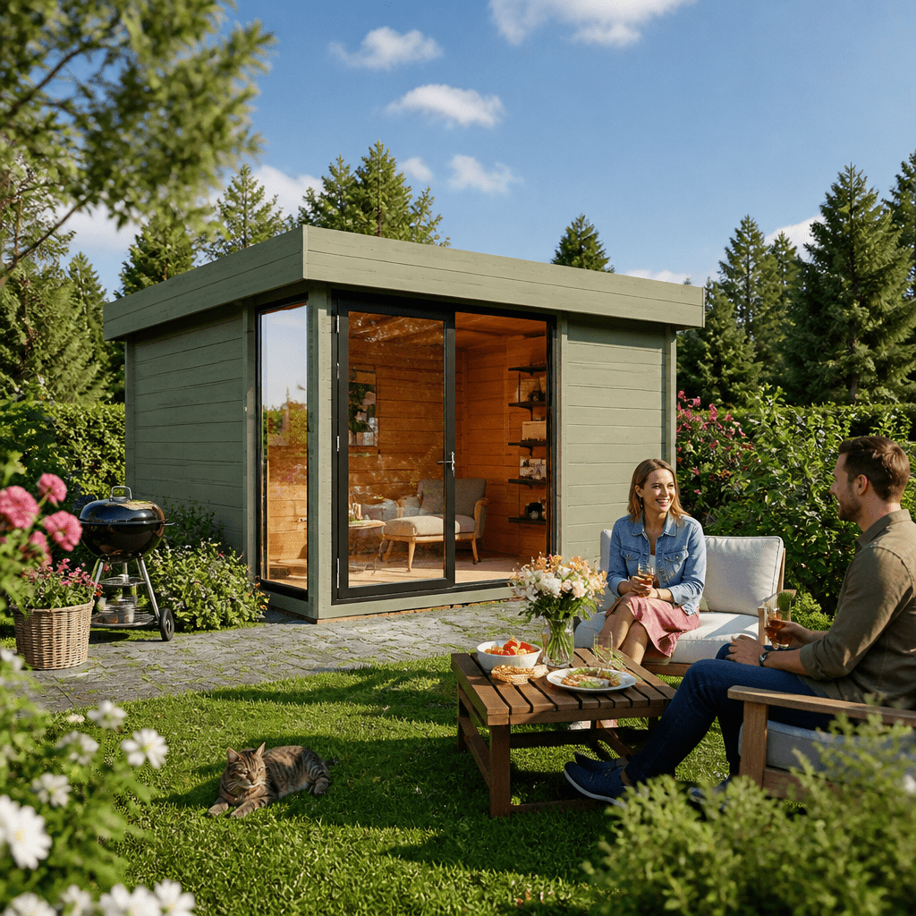 26% Rabatt ✓ 4 × 4 m | Gartenhütte Alu Concept 70 P | Schiebetür | Flachdach | Massivholz