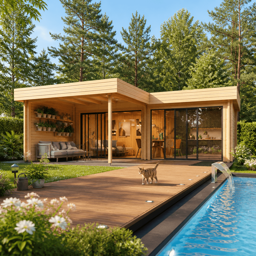26% Rabatt ✓ 7 × 6 m | Gartenhütte Alu Concept Lasse 44 B | Schiebetür | Vordach | Flachdach | Massivholz