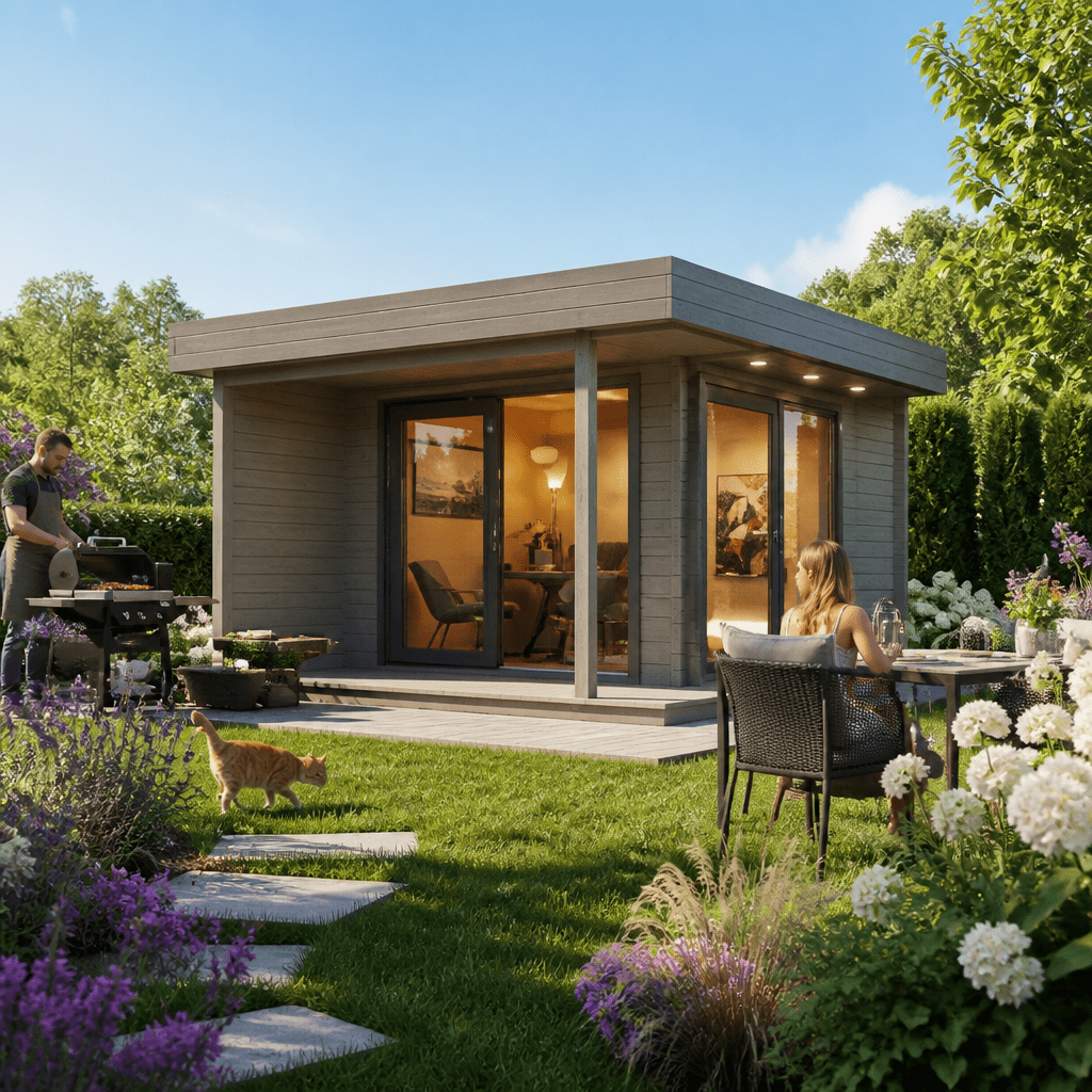 26% Rabatt ✓ 4 × 4 m | Gartenhütte Alu Concept Relax 44 D | Schiebetür | Vordach | Terrasse | Flachdach
