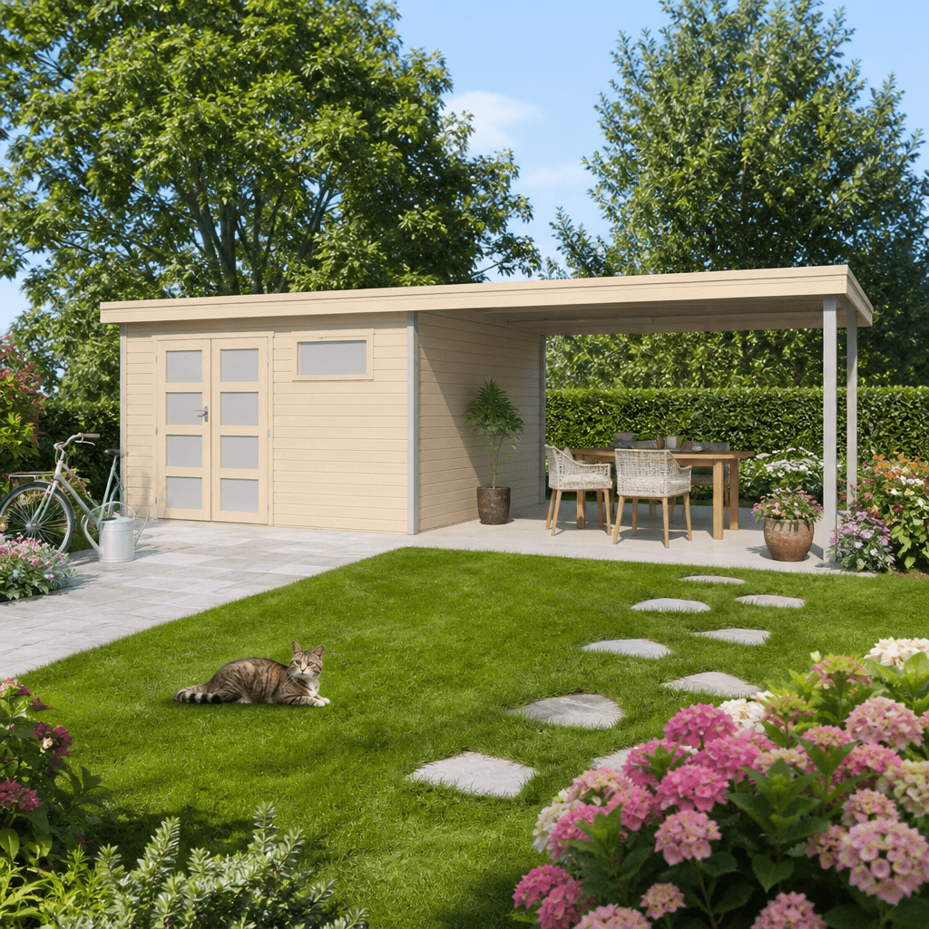 26% Rabatt ✓ 8 × 4 m | Gartenhütte Alu-Line Kasuko-L mit Anbau | Pultdach | Flachdach | modern