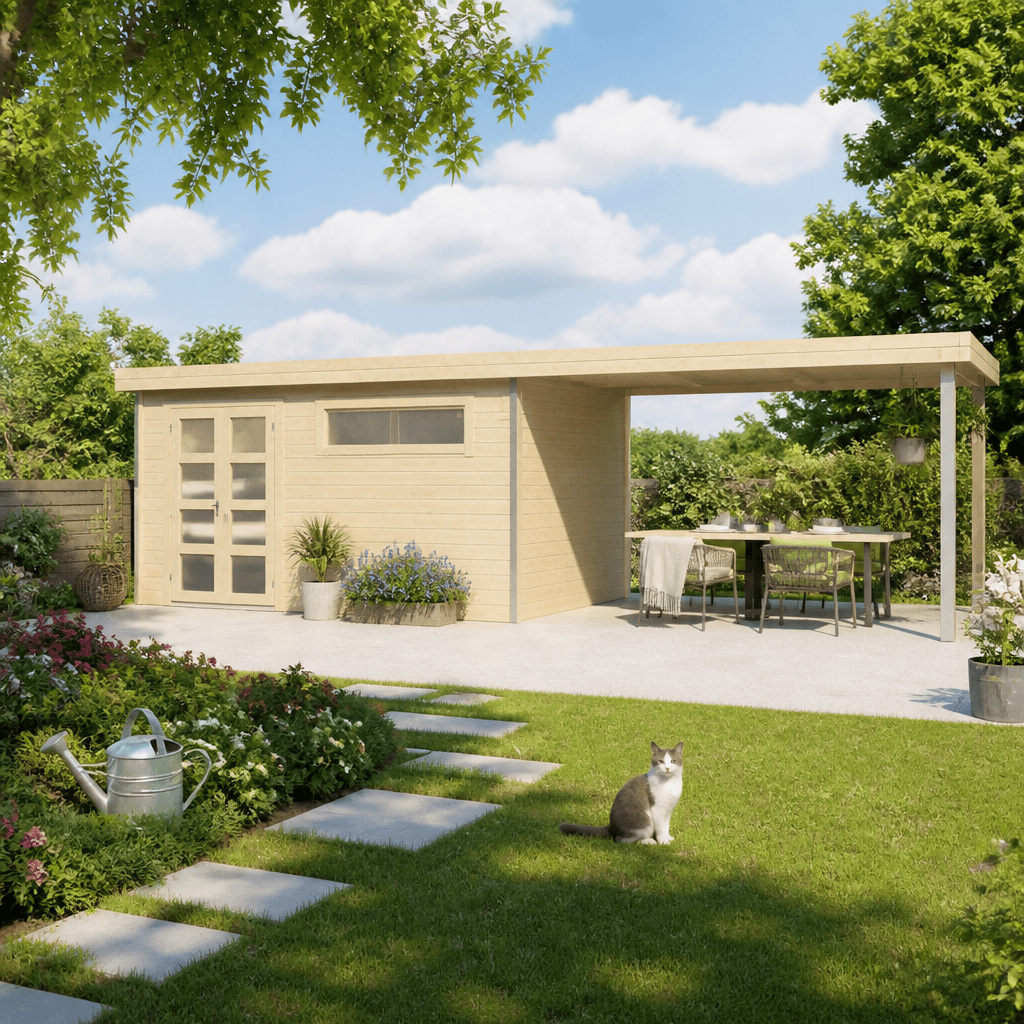 26% Rabatt ✓ 8 × 4 m | Gartenhütte Alu-Line Kasuko-XL + 400 cm Anba | Pultdach | Flachdach | Anbau | modern