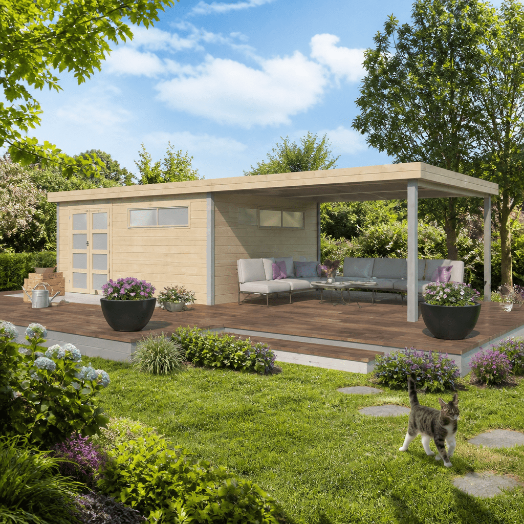 26% Rabatt ✓ 8 × 4 m | Gartenhütte Alu-Line Kasuko-XXL-mit-Anbau | Pultdach | Flachdach | modern