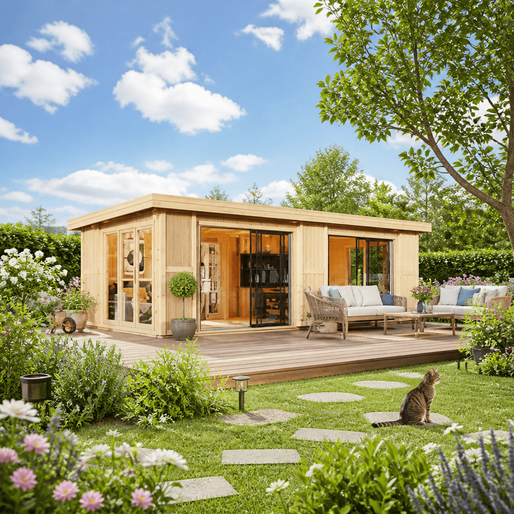 26% Rabatt ✓ 8 × 3 m | Gartenhütte Ambience 44 | Schiebetür | Flachdach | modern | Massivholz
