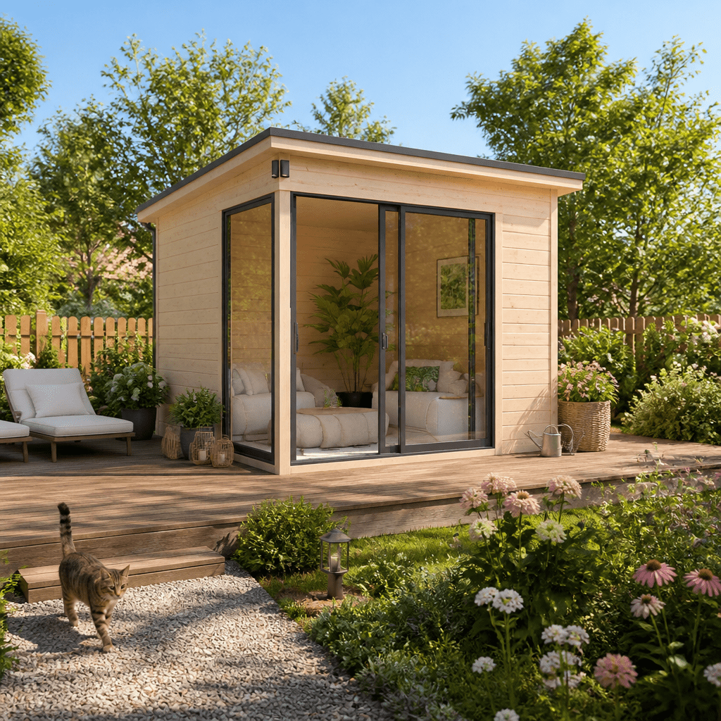 26% Rabatt ✓ 3 × 3 m | Gartenhütte Amrum-1 | Schiebetür | modern | Massivholz