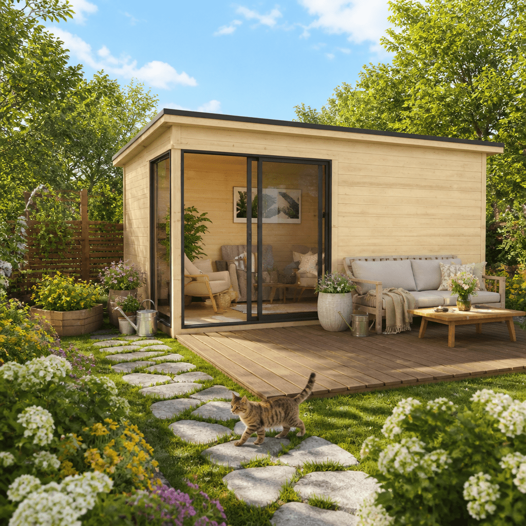 26% Rabatt ✓ 5 × 3 m | Gartenhütte Amrum-4 | Schiebetür | modern | Massivholz
