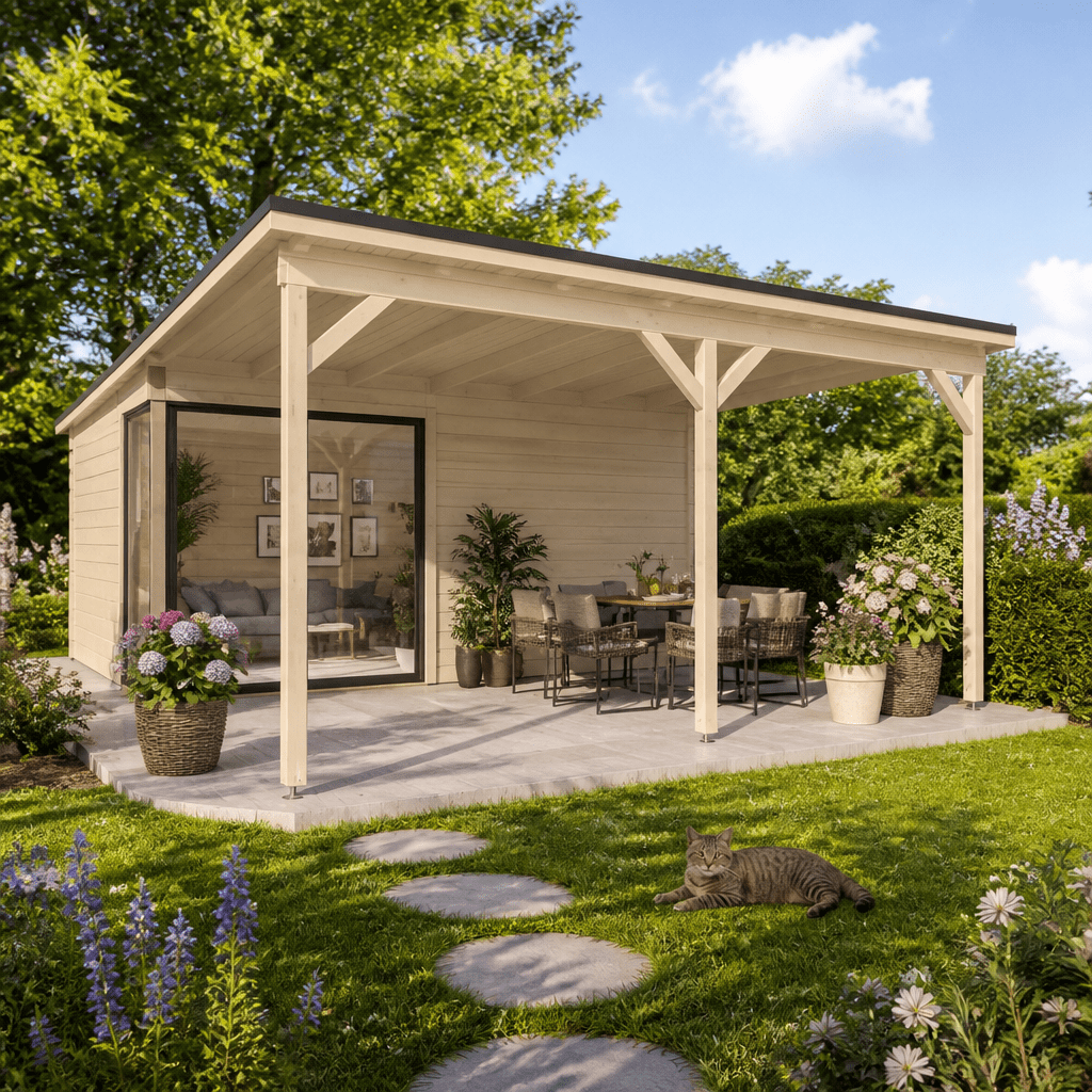 26% Rabatt ✓ 5 × 4 m | Gartenhütte Amrum-5 mit Vordach | Schiebetür | modern | Massivholz