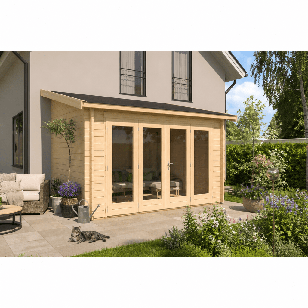 26% Rabatt ✓ 6 × 4 m | Gartenhütte Anbau Lounge 44 A | modern | Massivholz