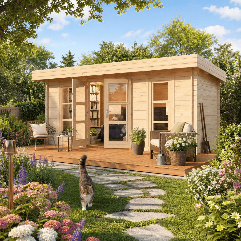 26% Rabatt ✓ 6 × 4 m | Gartenhütte Cannes 34 | Flachdach | modern | Massivholz