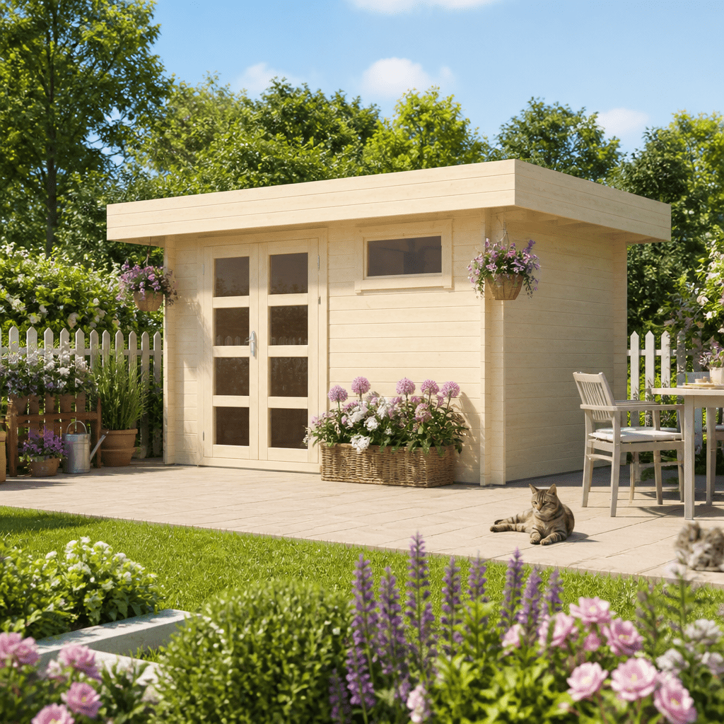 26% Rabatt ✓ 6 × 4 m | Gartenhütte Christina 28 | Flachdach | modern | Massivholz
