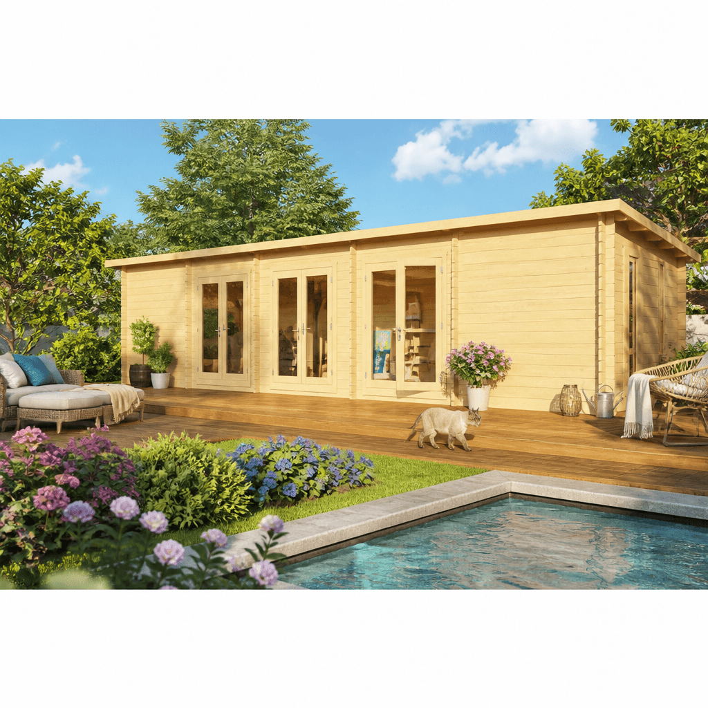 26% Rabatt ✓ 10 × 4 m | Gartenhütte Game Room 44 | Pultdach | modern | Massivholz