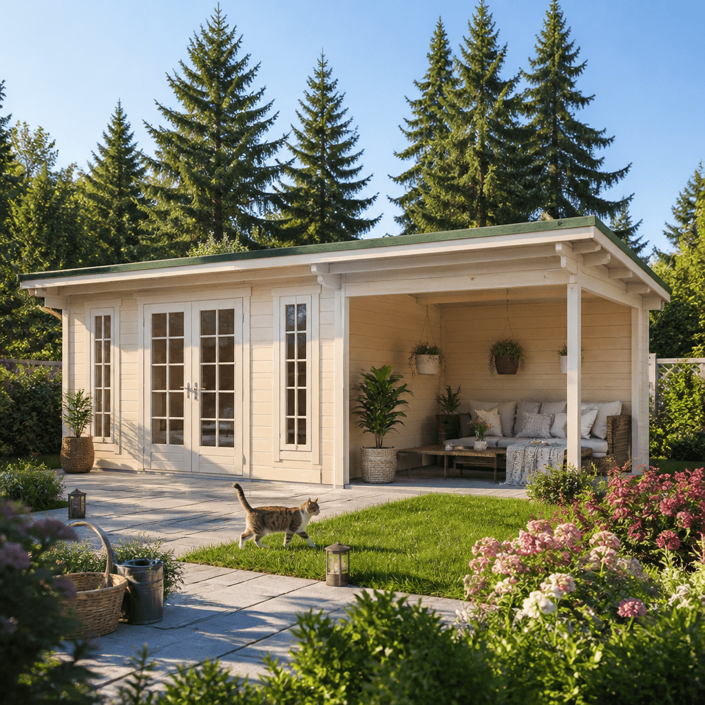 26% Rabatt ✓ 7 × 4 m | Gartenhütte Jacob 44 B mit Seitend | Pultdach | modern | Massivholz