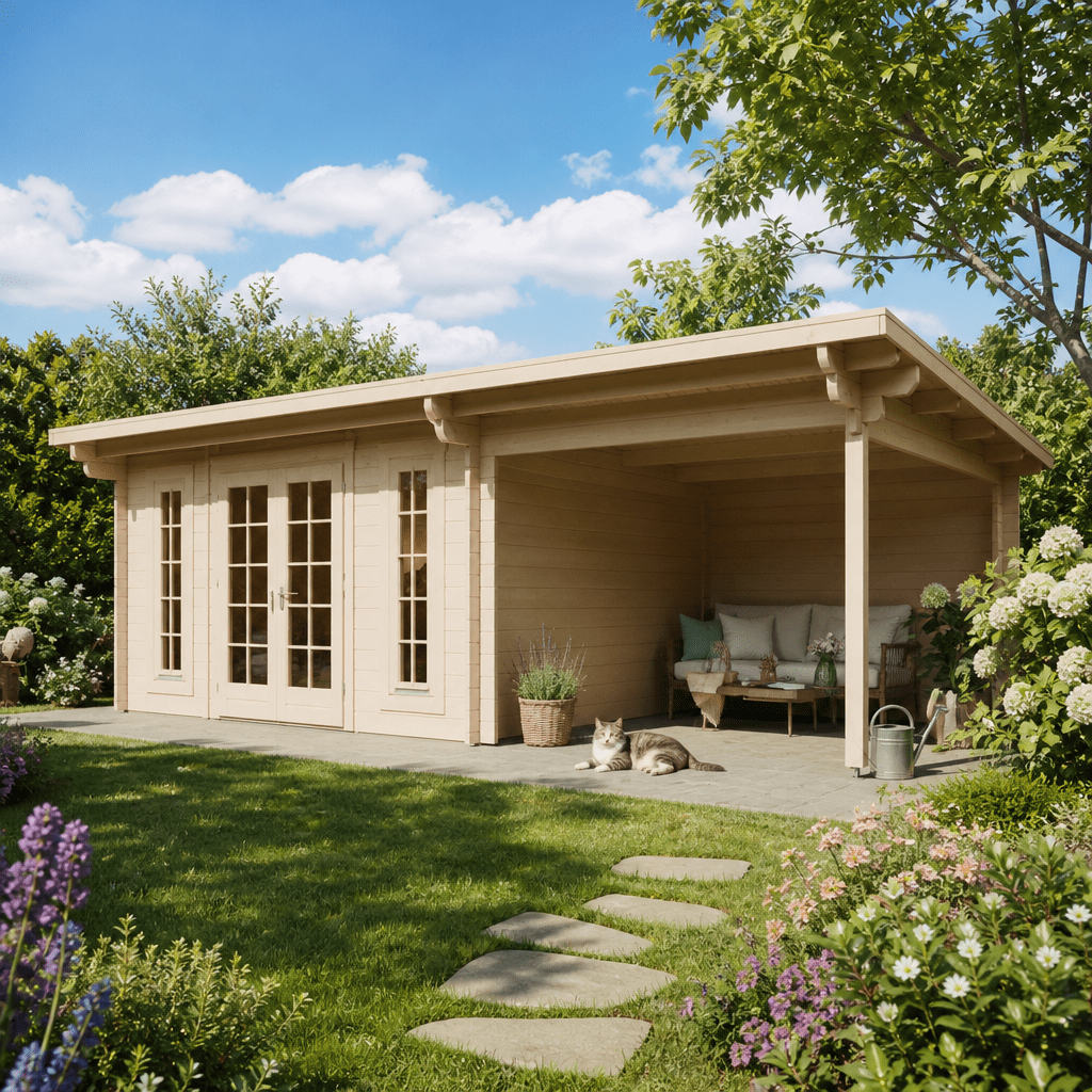26% Rabatt ✓ 7 × 4 m | Gartenhütte Jacob 44 C mit Seitend | Pultdach | modern | Massivholz