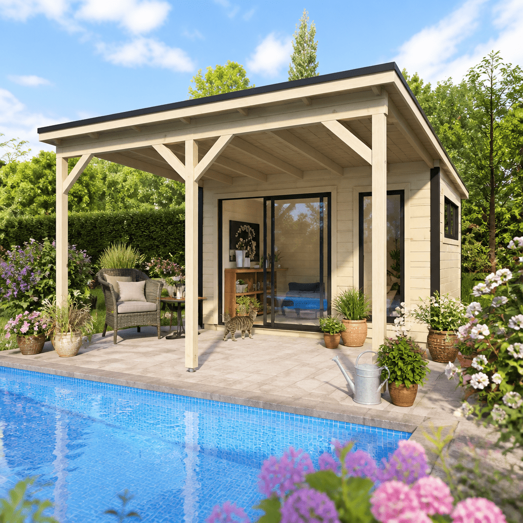 26% Rabatt ✓ 4 × 3 m | Gartenhütte Juist-1 mit Vordach | Schiebetür | modern | Massivholz