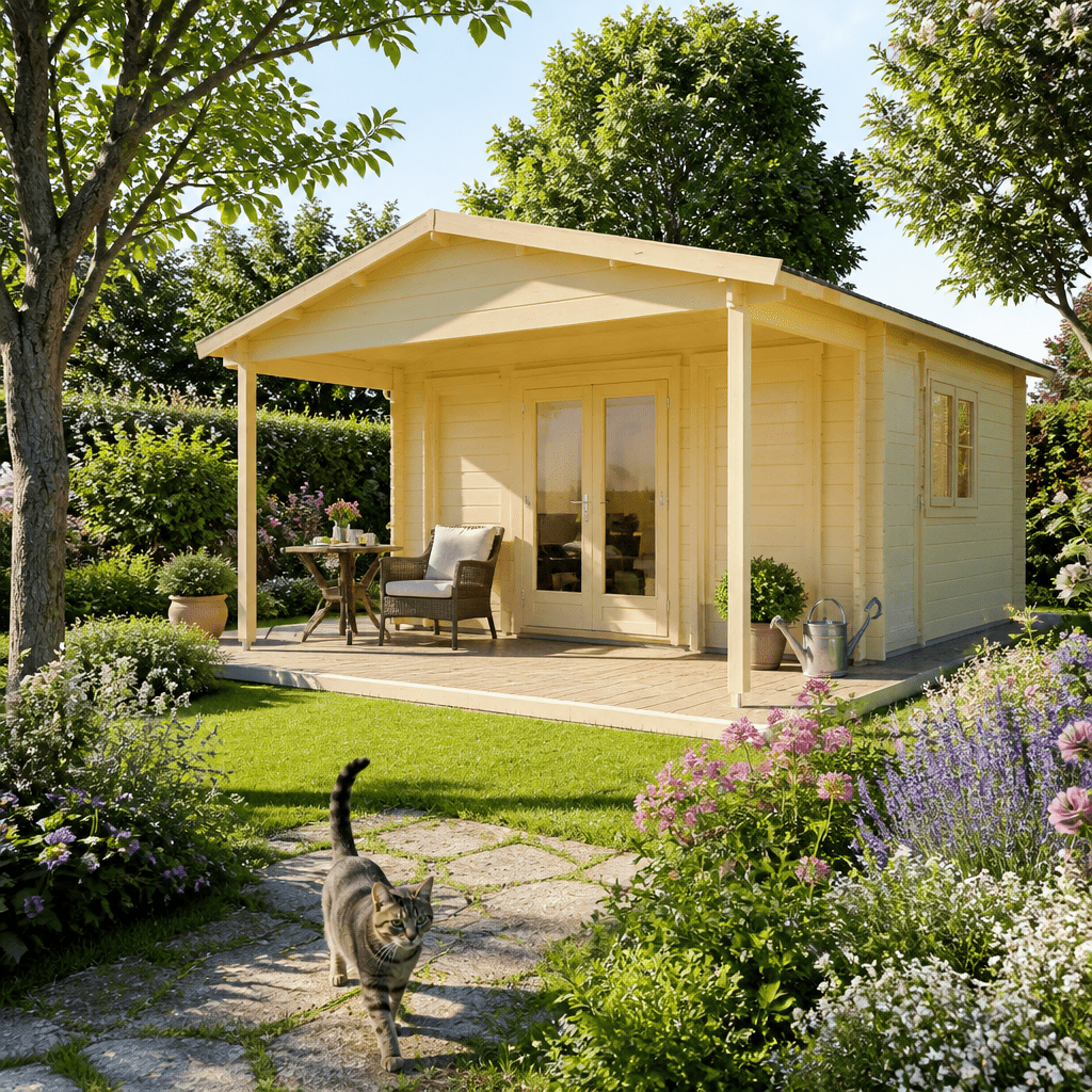 26% Rabatt ✓ 5 × 4 m | Gartenhütte Julia 44 A | Vordach | Satteldach | klassisch | Massivholz