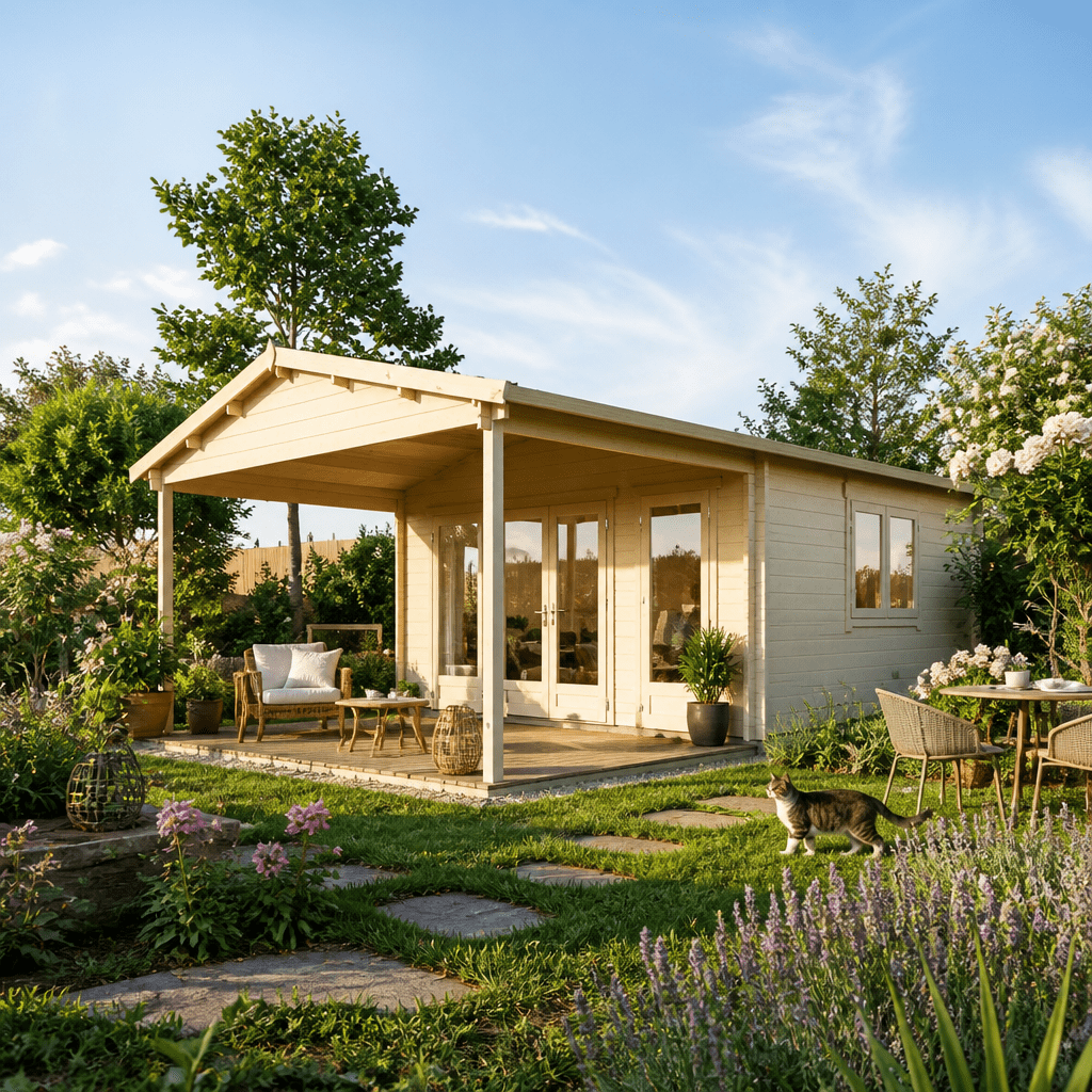 26% Rabatt ✓ 5 × 5 m | Gartenhütte Julia 44 D | Vordach | Satteldach | klassisch | Massivholz