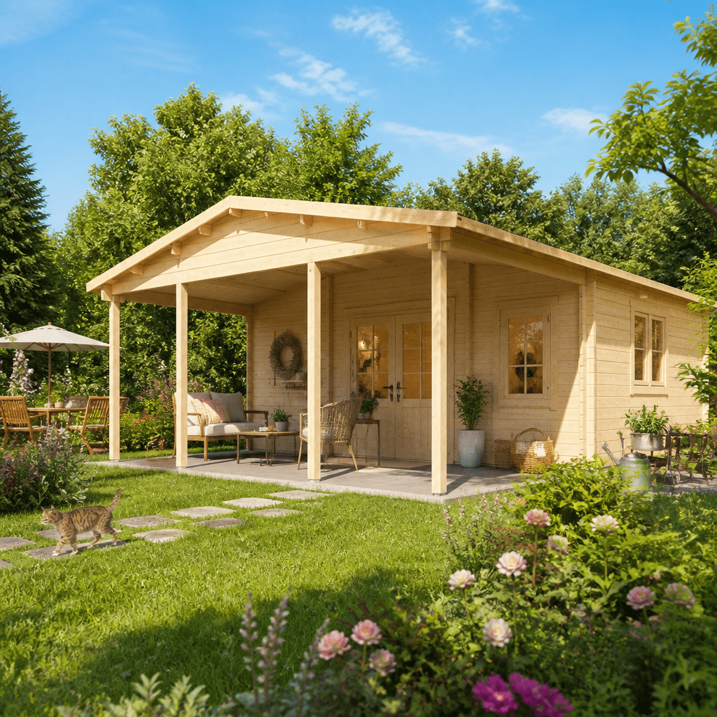 26% Rabatt ✓ 6 × 5 m | Gartenhütte Julia 44 F | Vordach | Satteldach | klassisch | Massivholz