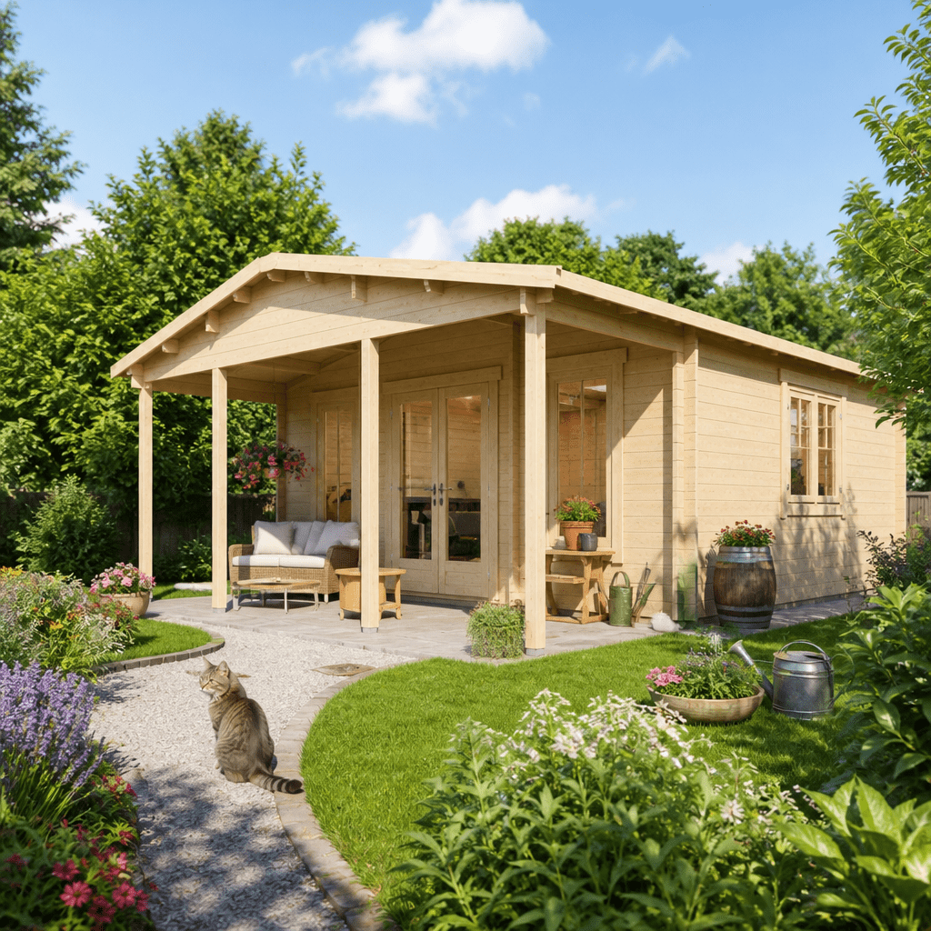 26% Rabatt ✓ 7 × 4 m | Gartenhütte Julia 70 E | Vordach | Satteldach | klassisch | Massivholz