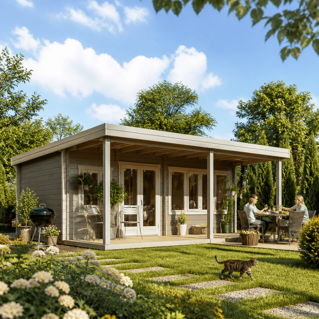 26% Rabatt ! Fjordholz Gartenhütte Modell Kevin 44 mit Vordach 7x4m