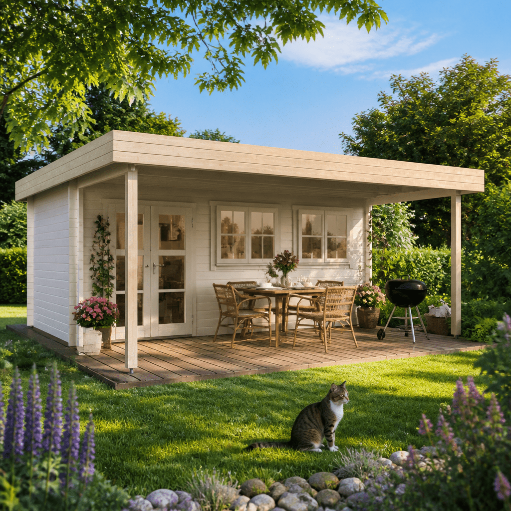 26% Rabatt ✓ Gartenhütte Kurt 44 A mit Vordach | Flachdach | modern | Massivholz | 6 × 5 m