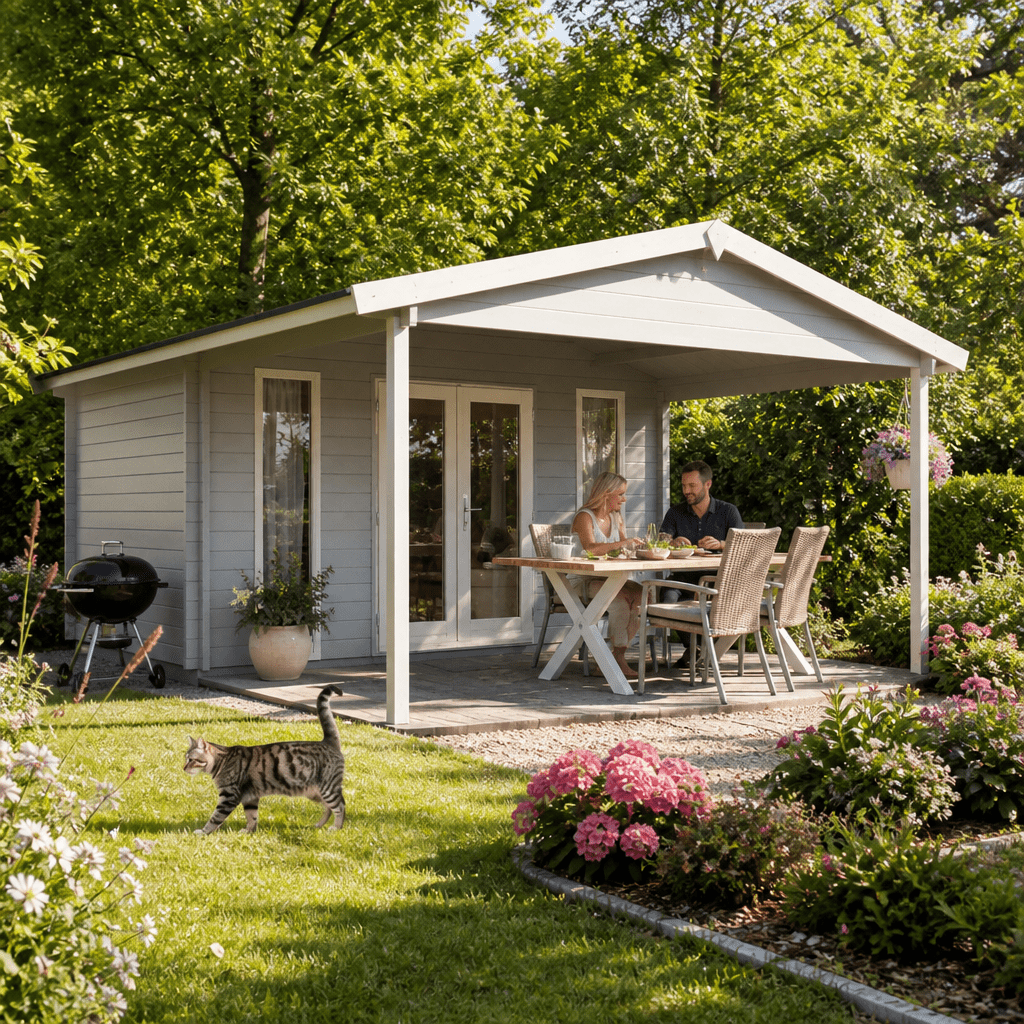 26% Rabatt ✓ 4 × 3 m | Gartenhütte Luise 40 E | Vordach | Satteldach | modern | klassisch